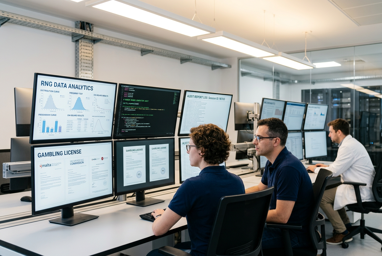 Eksperci Cyberium Arena analizujący algorytmy gier hazardowych na wielu monitorach