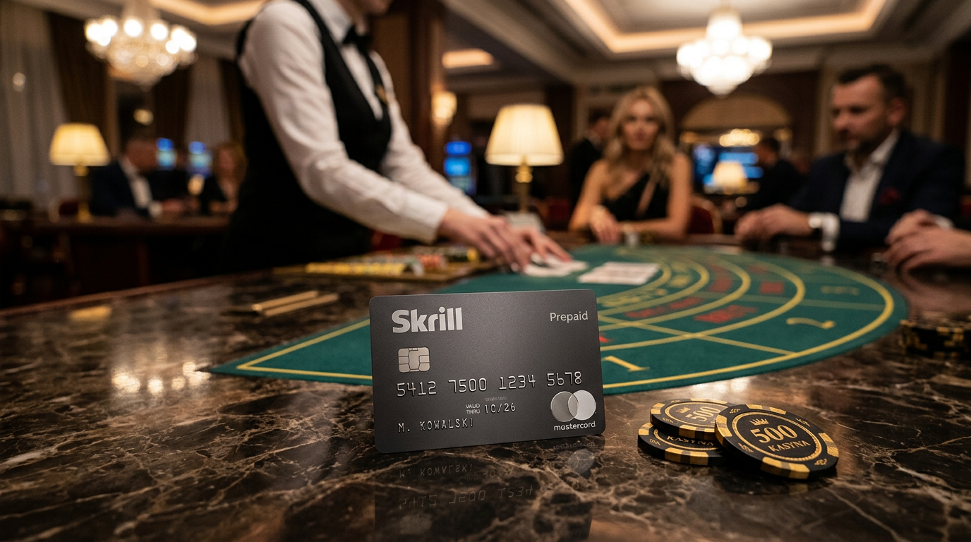 Karta Skrill Mastercard na eleganckim stole w kasynie