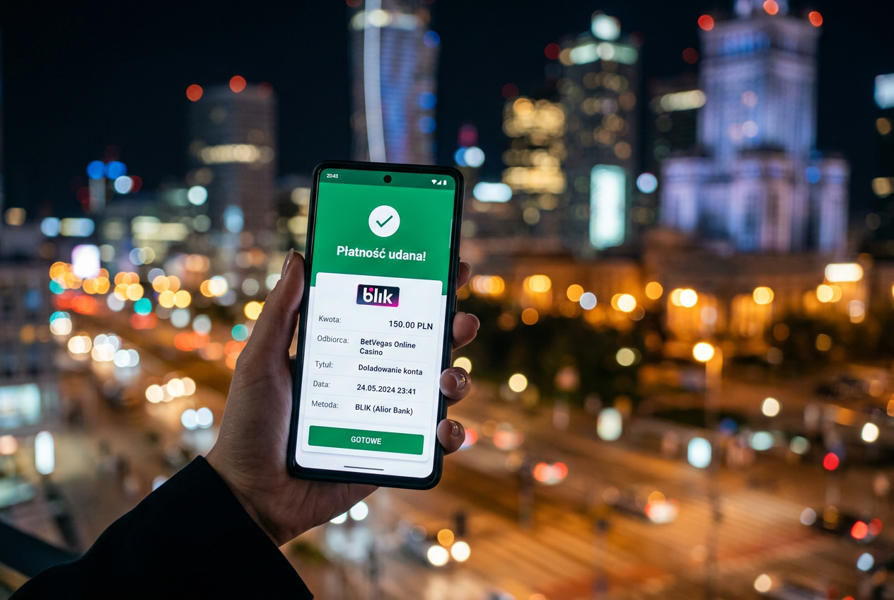 Smartfon z aplikacją mobilną kasyna NV Casino pokazujący błyskawiczną płatność BLIK