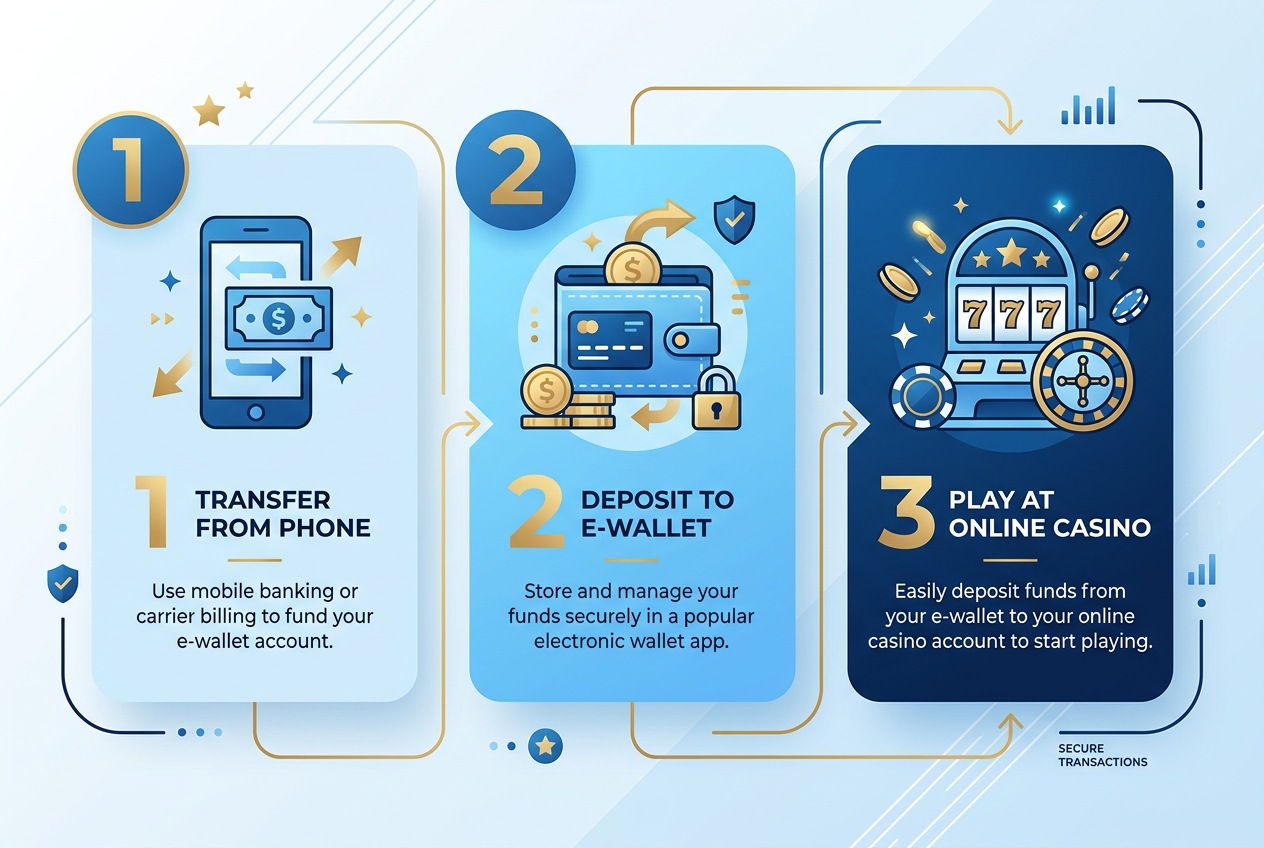 Infografika pokazująca proces doładowania kasyna przez telefon i e-portfel