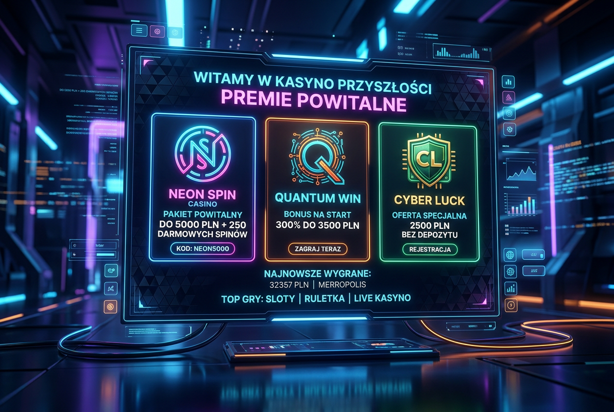 Nowoczesny interfejs rankingu kasyn online z neonowymi akcentami i grafiką bonusów