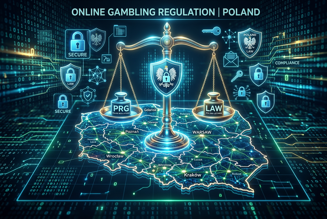 Waga sprawiedliwości na tle mapy Polski symbolizująca regulacje prawne hazardu online