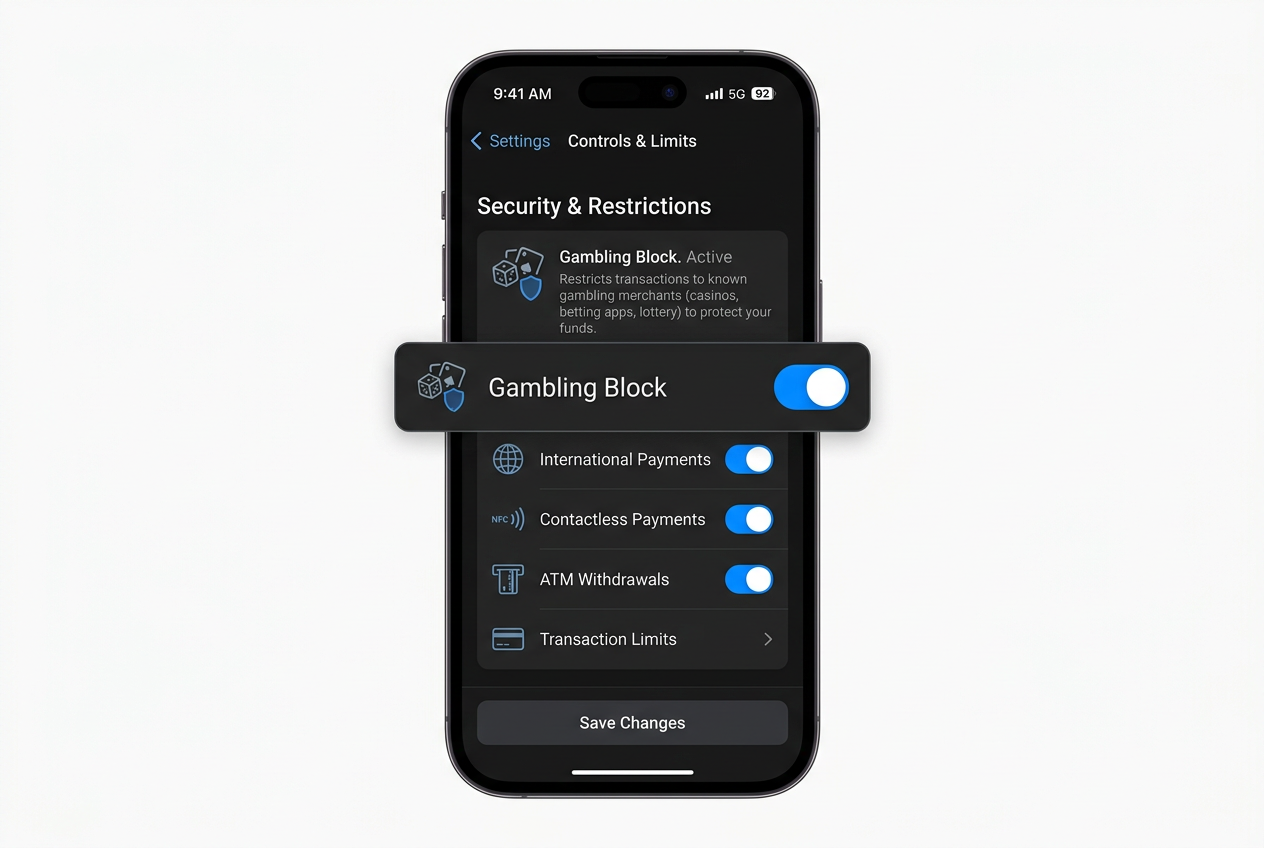 Widok aplikacji Revolut z aktywną funkcją Gambling Block i ustawieniami bezpieczeństwa