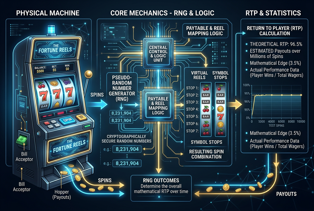 Diagram mechanizmów RTP i RNG w kasynach internetowych