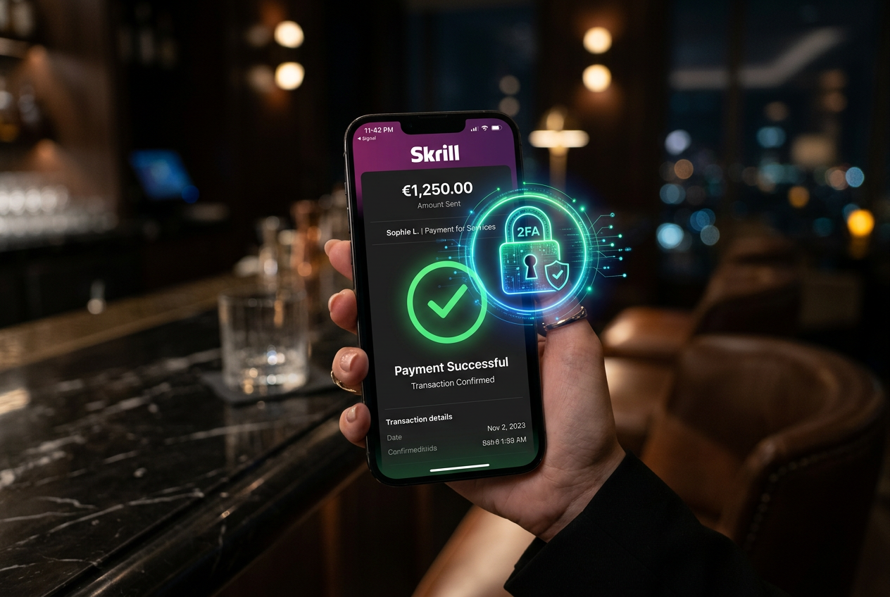 Interfejs aplikacji mobilnej Skrill z zabezpieczeniem biometrycznym na nowoczesnym smartfonie